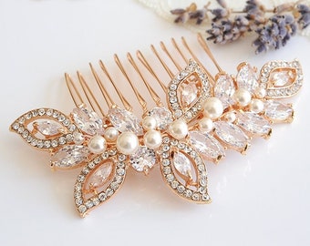 Rose Gold Wedding Hair Comb, Crystal Leaf Wedding Hairpiece, Bridal Hair Comb, Swarovski Pearl Bridal Headpiece, CZ Hair Clip, AUGUSTINA