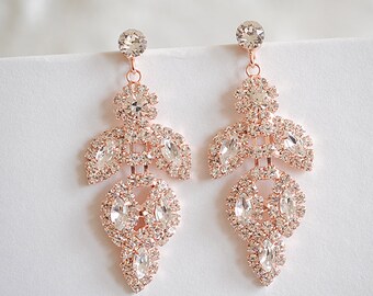 50% OFF SALE, Rose Gold, Silver, Bridal Earrings, Chandelier Wedding Earrings, Leaf Dangle Earrings, Art Deco Bridal Jewelry, JOCASTA