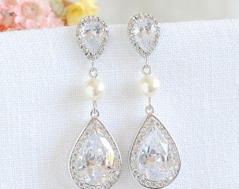 Pearl Bridal Earrings, Pink Crystal Wedding Earrings, Swarovski Pearl Earrings, Teardrop Dangle Earrings, Old Hollywood Bridal Jewelry, FAYE