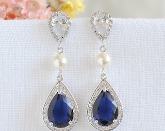 Blue Bridal Earrings, Wedding Dangle Earrings, Swarovski Pearl Bridal Earrings, Crystal Teardrop Earrings, Old Hollywood Jewelry, FAYE