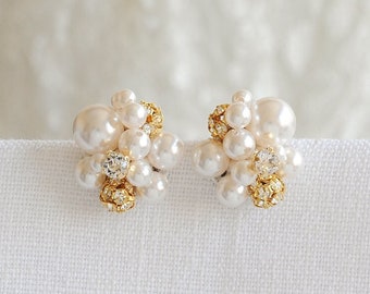 Gold Pearl Cluster Wedding Earrings, Bridal Earrings, Swarovski Crystal and Pearl Cluster Stud Earrings, Statement Bridal Jewelry, TASMIN