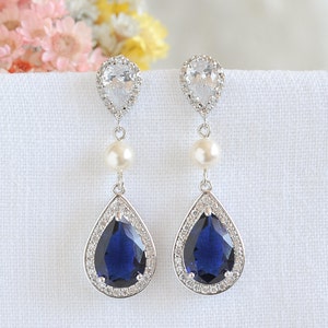 Blue Bridal Earrings, Wedding Dangle Earrings, Swarovski Pearl Bridal Earrings, Crystal Teardrop Earrings, Old Hollywood Jewelry, FAYE