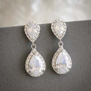 Crystal Wedding Earrings, Bridal Earrings, Zirconia Teardrop Dangle Earrings, Wedding Jewelry, Silver Bridal Jewelry, Vintage Style, JUDITH