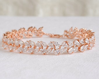 Bracelet de mariée en or rose, bracelet de mariée en cristal, bracelet de tennis en grappe de feuilles, manchette de bracelet Marquise CZ, bijoux de mariage de mariée, ODETTE