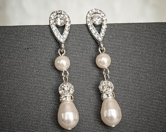 Bridal Earrings, Wedding Crystal Earrings, Swarovski Pearl and Rhinestone Bridal Earrings, Teardrop Dangle Earrings, Wedding Jewelry, MARTHA