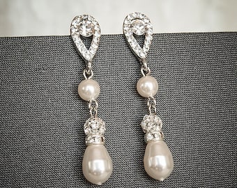 Bridal Earrings, Wedding Crystal Earrings, Swarovski Pearl and Rhinestone Bridal Earrings, Teardrop Dangle Earrings, Wedding Jewelry, MARTHA