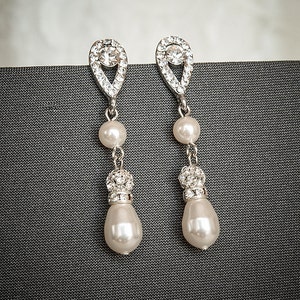 Bridal Earrings, Wedding Crystal Earrings, Swarovski Pearl and Rhinestone Bridal Earrings, Teardrop Dangle Earrings, Wedding Jewelry, MARTHA