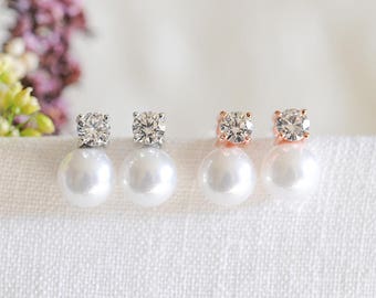 Pearl Bridesmaid Earrings, Bridal Earrings, Rose Gold Wedding Earrings, Crystal Stud Earrings, Bridesmaid Jewelry, Bridal Jewelry, TANIKA