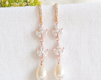 Rose Gold Bridal Earrings, Swarovski Pearl Wedding Earrings, Leaf Dangle Earrings, Crystal Drop Earrings, Bridal Jewelry,Bridesmaids, BLYTHE