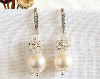 Simple Bridal Earrings, Wedding Earrings, Bridal Pearl Earrings, Crystal Earrings, Swarovski Dangle Drop Earrings, Wedding Jewelry, BERIT