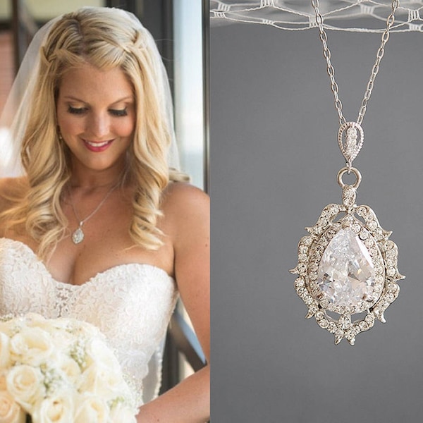 Crystal Bridal Necklace, Wedding Necklace, Rose Gold Necklace, Zirconia Teardrop Pendant Necklace, Vintage Style Wedding Jewelry, LIBBY
