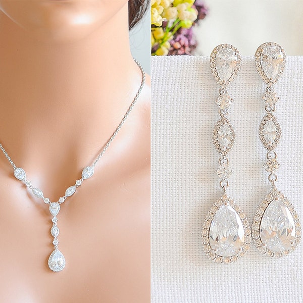 Crystal Bridal Necklace Set, Wedding Necklace, Marquise Teardrop Necklace, Y Drop Bridal Necklace, Rose Gold, Bridal Necklace Set, VICTORIA