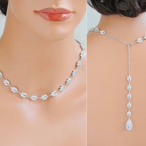 Collana a goccia posteriore, collana da sposa sullo sfondo, collana da sposa sul retro, collana foglia, collana a goccia di cristallo, gioielli da sposa, CLAIRE