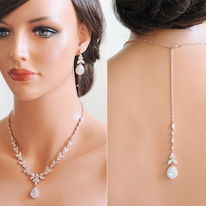 Collana da sposa con sfondo in oro rosa, set di orecchini e collana da sposa, set di gioielli da sposa, collana con retro in cristallo, orecchini pendenti a foglia, PAPAVERO
