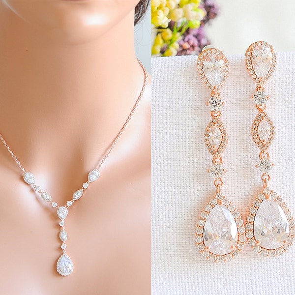 Rose Gold Bridal Necklace Set, Wedding Necklace, Crystal Marquise Teardrop Necklace, Y Bridal Necklace, Bridal Wedding Jewelry Set, VICTORIA