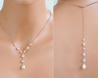 Rose Gold Wedding Necklace, Back Drop Bridal Necklace, Crystal Marquise Leaf Back Necklace, Swarovski Pearl Bridal Wedding Jewelry, BLYTHE