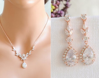 Rose Gold Bridal Jewelry SET, Backdrop Bridal Necklace, Crystal Flower Leaf Necklace, Bridal Earrings, Dangle Earrings, Necklace SET, IRIS