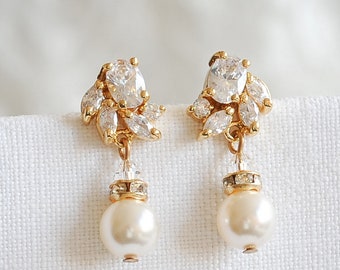 Gold Bridal Earrings, Art Deco Crystal Wedding Earrings, Swarovski Pearl Drop Earring,  Zirconia Dangle Earrings, Bridal Jewelry, HONORA