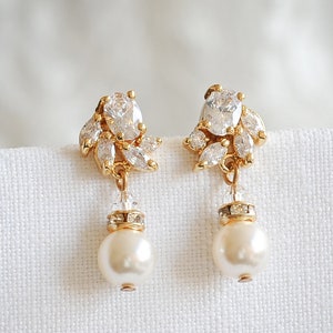 Gold Bridal Earrings, Art Deco Crystal Wedding Earrings, Swarovski Pearl Drop Earring,  Zirconia Dangle Earrings, Bridal Jewelry, HONORA