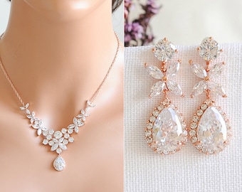 Rose Gold Wedding Necklace, Bridal Necklace Earring SET, Bridal Jewelry SET, Wedding Earrings, Bridal Earrings, Crystal Flower Leaf, MAGGIE