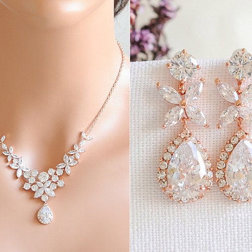 Rose Gold Wedding Jewelry Set For Brides Rose Gold Bridal Jewelry Set...