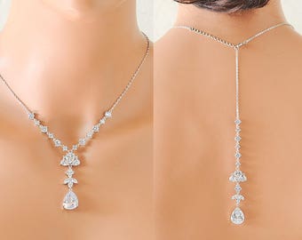 Collier de mariée en toile de fond, collier de dos de mariage, collier de goutte de dos en grappe de cristal, collier de goutte en Y marquise en forme de larme, bijoux de mariée, AIMEE