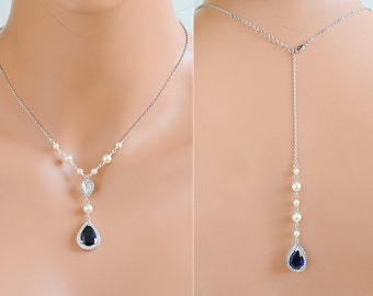 Blauw, Paars, Roze, Bruid ketting, bruiloft rug ketting, crystal teardrop achtergrond ketting, Swarovski Pearl Back Drop Y ketting, FAYE