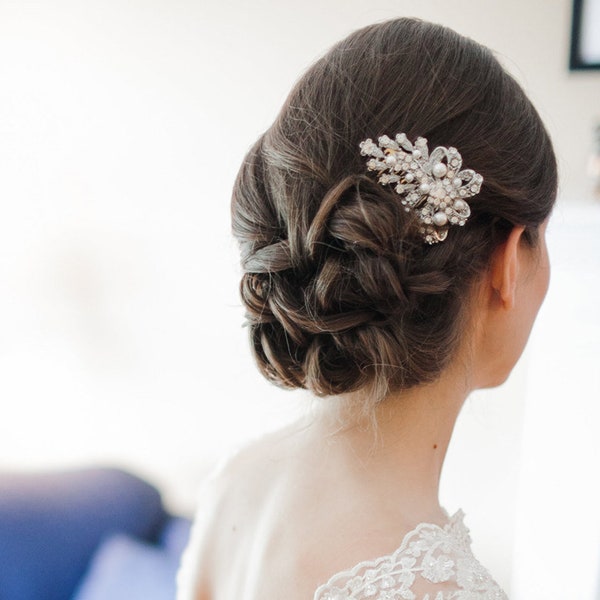 Pearl Bridal Hair Comb, Vintage Style Crystal Wedding Hair Comb, Rose Gold Bow Bridal  Hair Comb, Bridal Wedding Hair Accessories, CADENCE