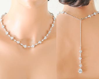 Collier de mariée dans le dos, collier de mariage, collier de toile de fond, collier de mariage en or rose, collier feuille de cristal, bijoux de mariage, KAILIN