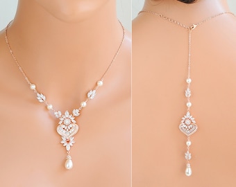 Back Drop Bridal Necklace, Rose Gold Backdrop Necklace, Swarovski Pearl Necklace, Back Necklace, Flower Leaf Necklace, Bridal Jewelry, EZMAE