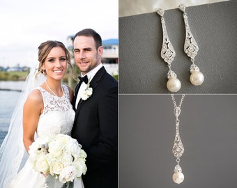 UK Wedding Necklace Pearl Earrings Wedding Pearl Jewelry Set Wedding Earrings Wedding Jewelry Bridal Earrings and necklace