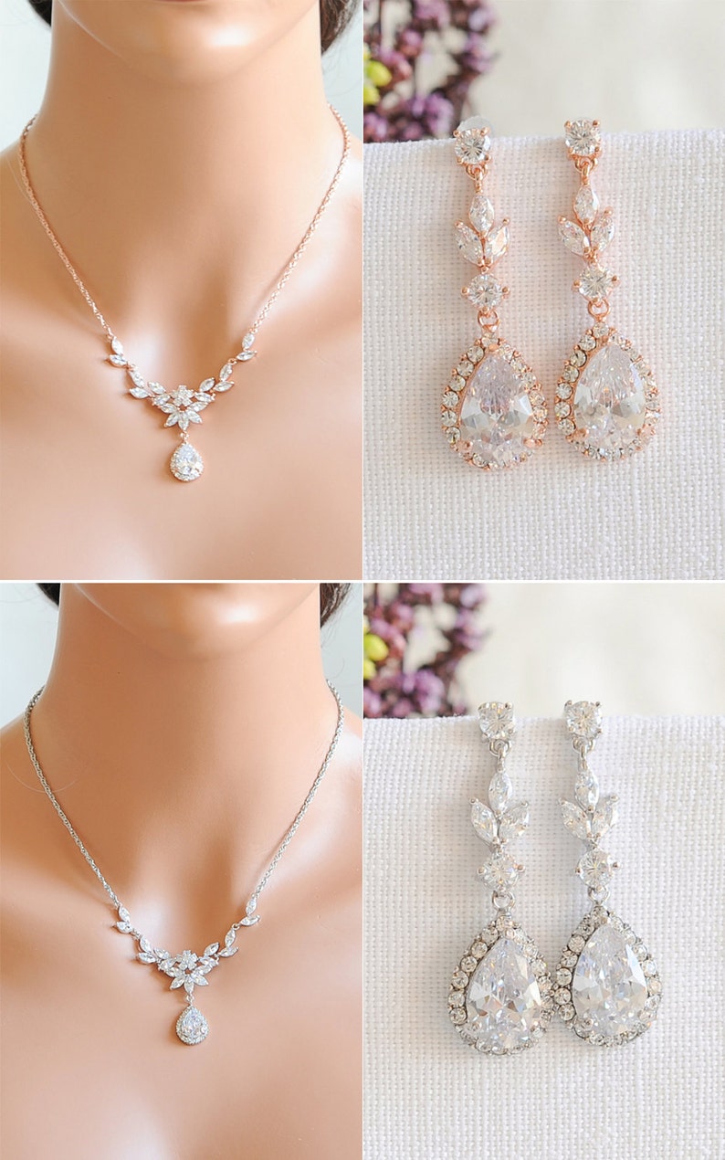 Rose Gold Bridal Jewelry SET, Backdrop Bridal Necklace, Crystal Flower Leaf Necklace, Bridal Earrings, Dangle Earrings, Necklace SET, IRIS image 1