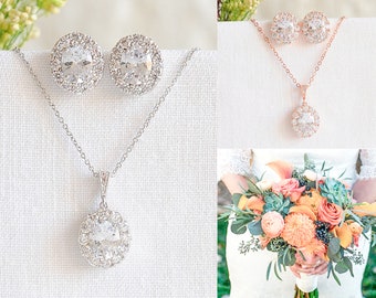 Rose Gold Bridal Jewelry SET, Oval Wedding Earrings, Halo Stud Earrings, Crystal Wedding Pendant Necklace, Crystal Bridal Earrings, EDITH