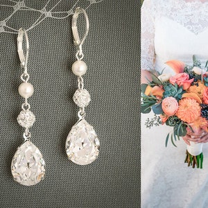 PHILBERTA, Modern Vintage Style SWAROVSKI Teardrop Crystal Earrings, Statement Bridal Jewelry, Pearl and Rhinestone Bridal Earrings