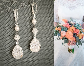 PHILBERTA, Modern Vintage Style SWAROVSKI Teardrop Crystal Earrings, Statement Bridal Jewelry, Pearl and Rhinestone Bridal Earrings