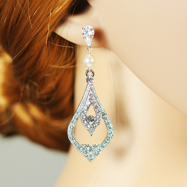 Wedding Earrings, Bridal Earrings, Swarovski Crystal and Pearl Dangle Earrings, Chandelier Earrings, Vintage Style Bridal Jewelry, RABEA image 4