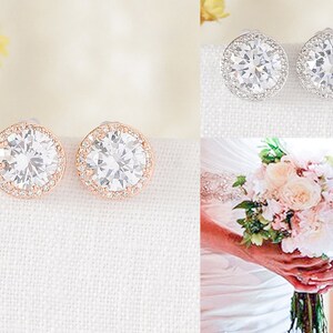 Rose Gold Bridal Earrings, Stud Earrings, Crystal Round Halo Earrings,Wedding Earrings, Solitaire Earrings,Wedding Jewelry,Bridesmaid, REINA