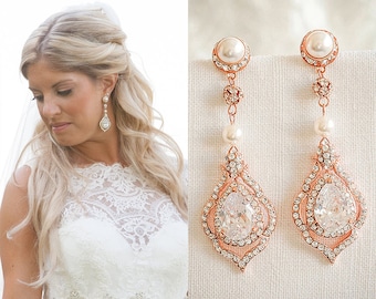 Rose Gold Wedding Earrings, Crystal Bridal Earrings, Vintage Style Pearl Dangle Earrings, Art Deco Teardrop Chandelier Earrings, TORILYN