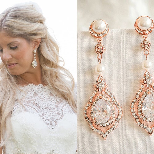 Rose Gold Wedding Earrings Bridal Earrings Swarovski Crystal - Etsy