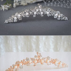 Bridal Tiara, Rose Gold Wedding Tiara, Swarovski Pearl Crystal Bridal Tiara, Vintage Style Flower Leaf Bridal Crown Accessories, TIMOTHEA image 2