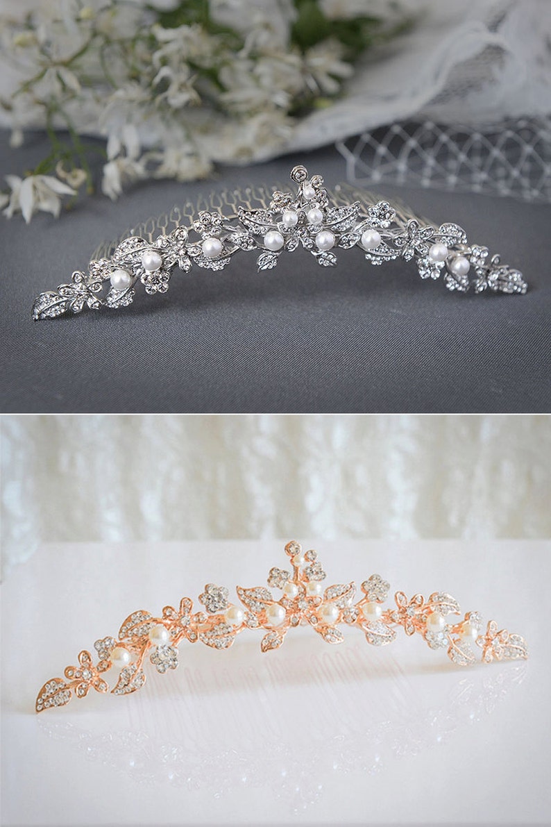 Bridal Tiara, Rose Gold Wedding Tiara, Swarovski Pearl Crystal Bridal Tiara, Vintage Style Flower Leaf Bridal Crown Accessories, TIMOTHEA image 2