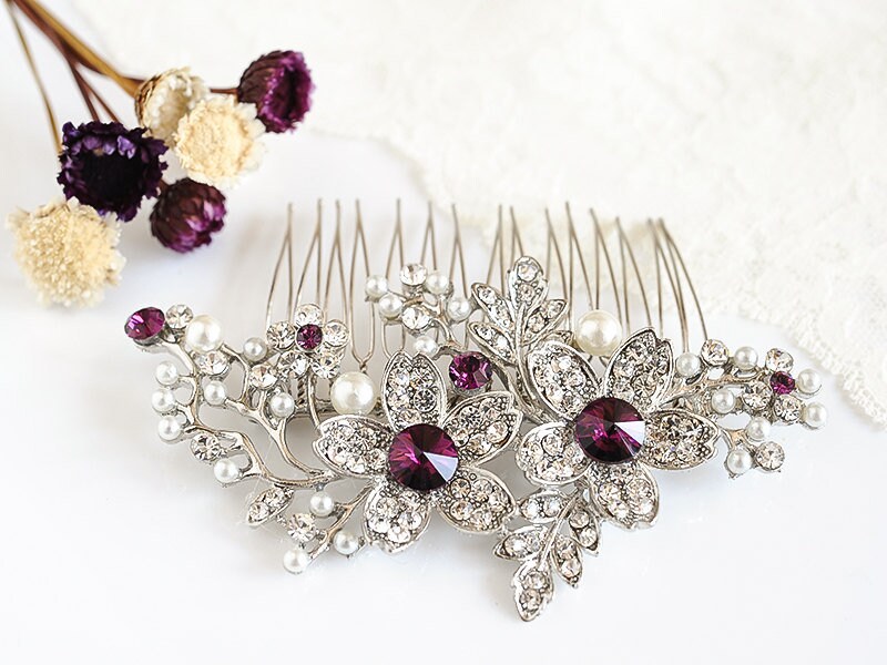 gold plated flower Bridal Wedding Purple and Gold Hair Comb Accessories Hair Accessories Decorative Combs cracked purple agate soft white flowers 