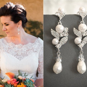 Bridal Earrings, Crystal Wedding Earrings, Swarovski Crystal Rhinestone & Pearl Cluster Chandelier Earrings, Bridal Stud Earrings, CORALIE