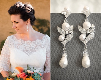 Bridal Earrings, Crystal Wedding Earrings, Swarovski Crystal Rhinestone & Pearl Cluster Chandelier Earrings, Bridal Stud Earrings, CORALIE