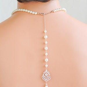 Bridal Necklace, Rose Gold Backdrop Wedding Necklace, Crystal Back ...
