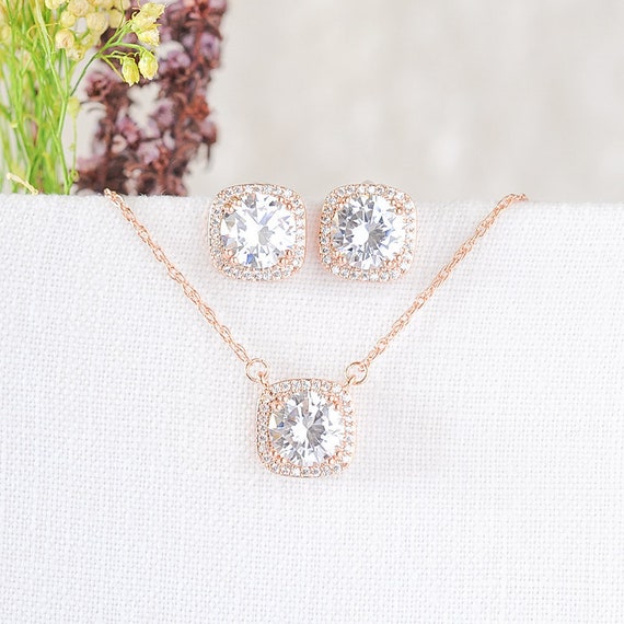 Rose Gold Bridal Necklace Earring SET Wedding Bridal Jewelry | Etsy