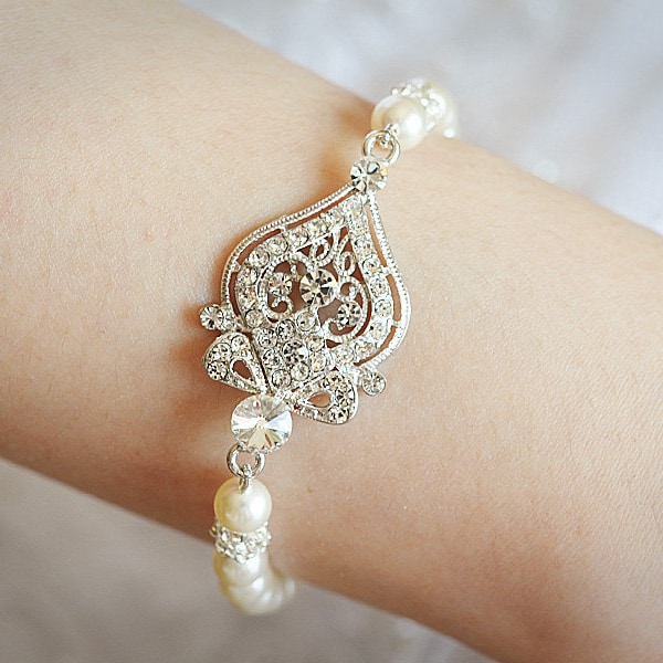 Bridal Bracelet, Wedding Bracelet, Swarovski Crystal & Pearl Bracelet, Vintage Style Bridal Jewelry, Rhinestone Wedding Bracelet Cuff, GRACE