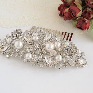 Swarovski Pearl Bridal Hair Comb, Crystal Wedding Hair Comb, Rose Flower Hair Clip, Bridal Hairpiece, Vintage Style Hair Jewelry, ROSA image 3