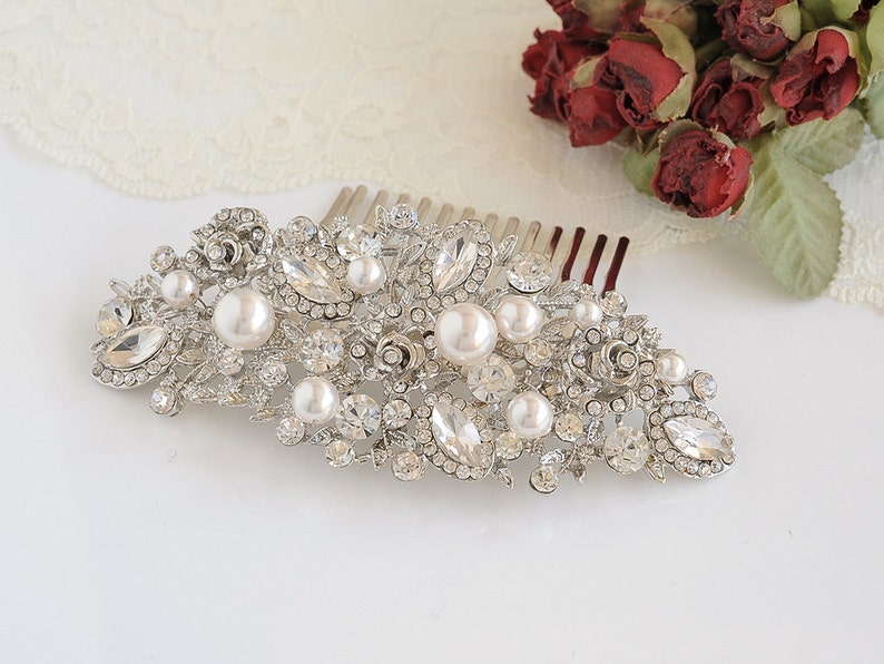 Swarovski Pearl Bridal Hair Comb, Crystal Wedding Hair Comb, Rose Flower Hair Clip, Bridal Hairpiece, Vintage Style Hair Jewelry, ROSA image 3