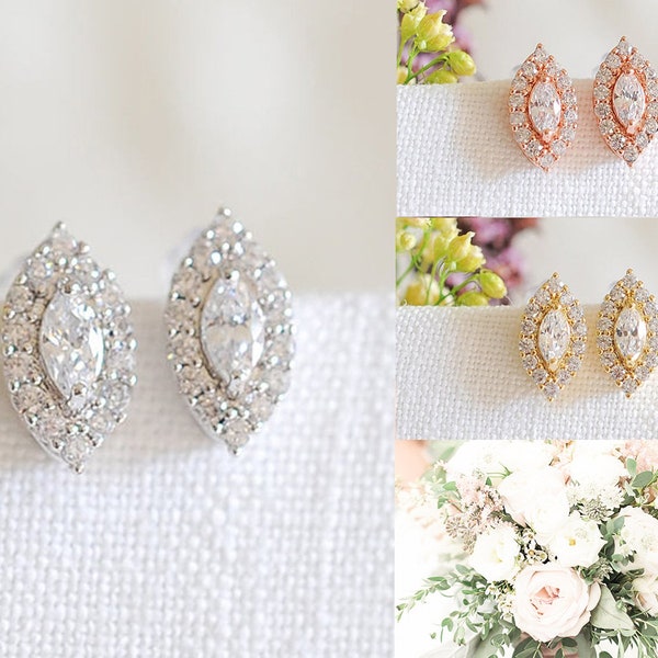Crystal Earrings, Bridal Earrings, Wedding Studs, Marquise Halo Stud Earrings, Bridal Jewelry, Bridesmaid Earrings, Rose Gold, Gold, YOSELIN